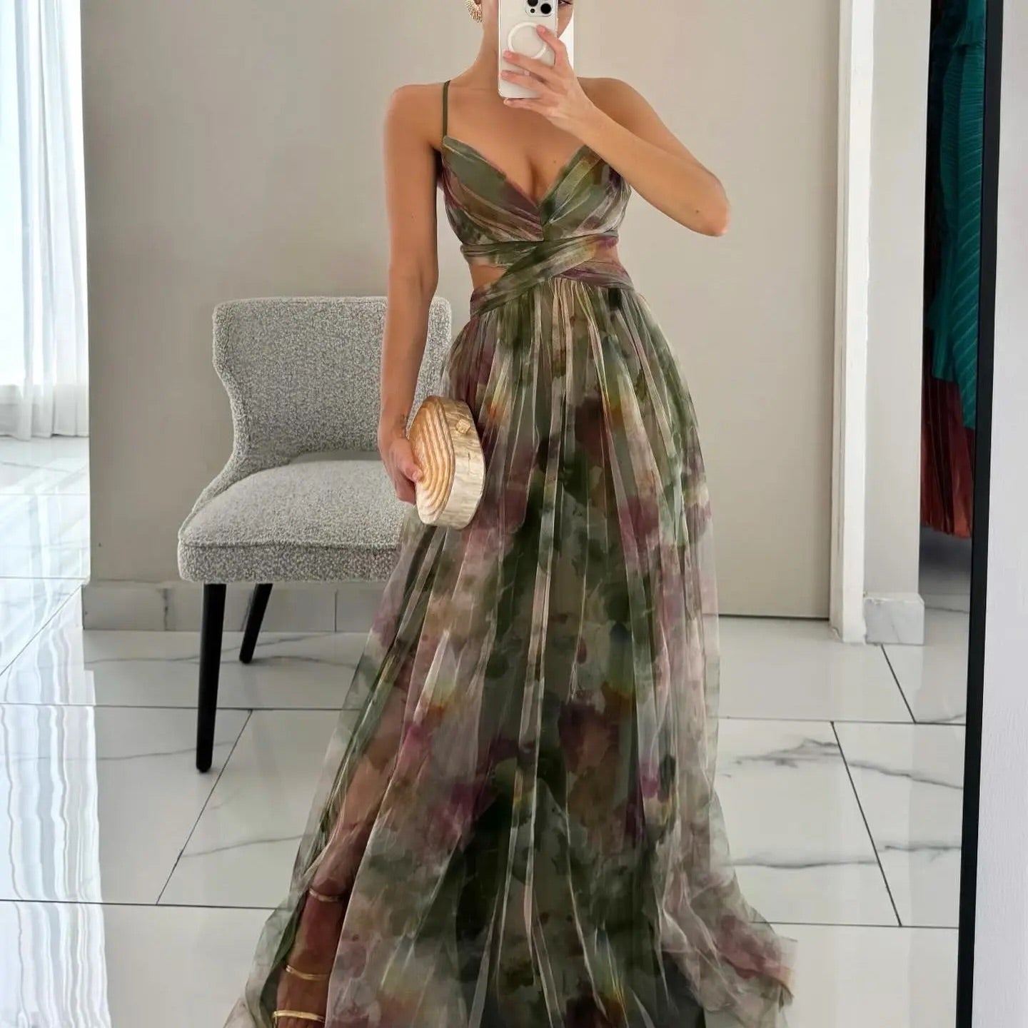 Earthy Mesh Print Long Dress