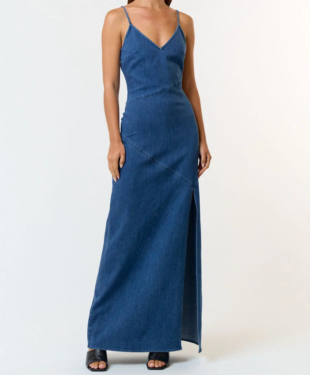 Stretch Denim High Slit Maxi Dress