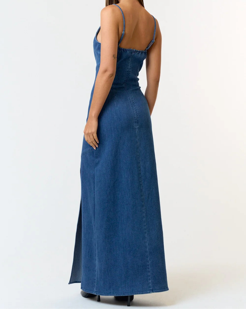 Stretch Denim High Slit Maxi Dress