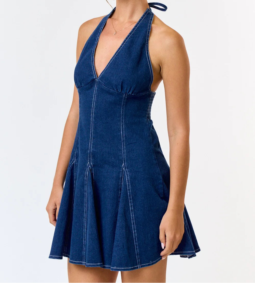 Stretch Denim Halter Flared Mini Dress