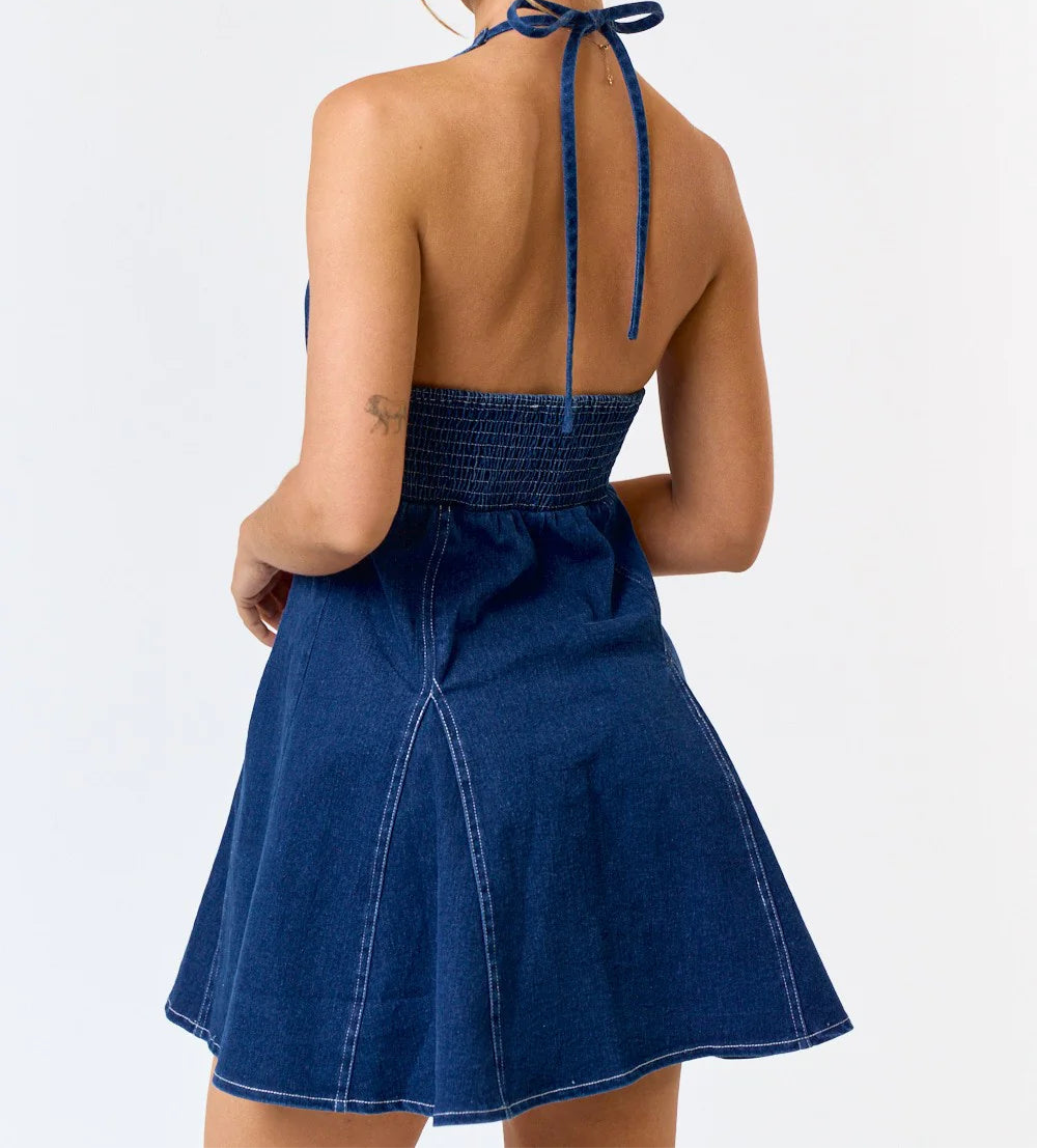 Stretch Denim Halter Flared Mini Dress
