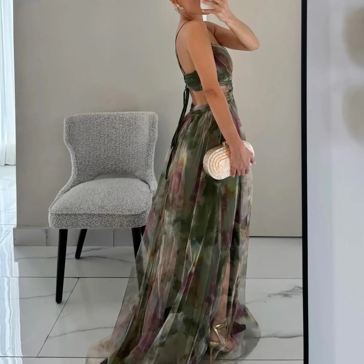 Earthy Mesh Print Long Dress