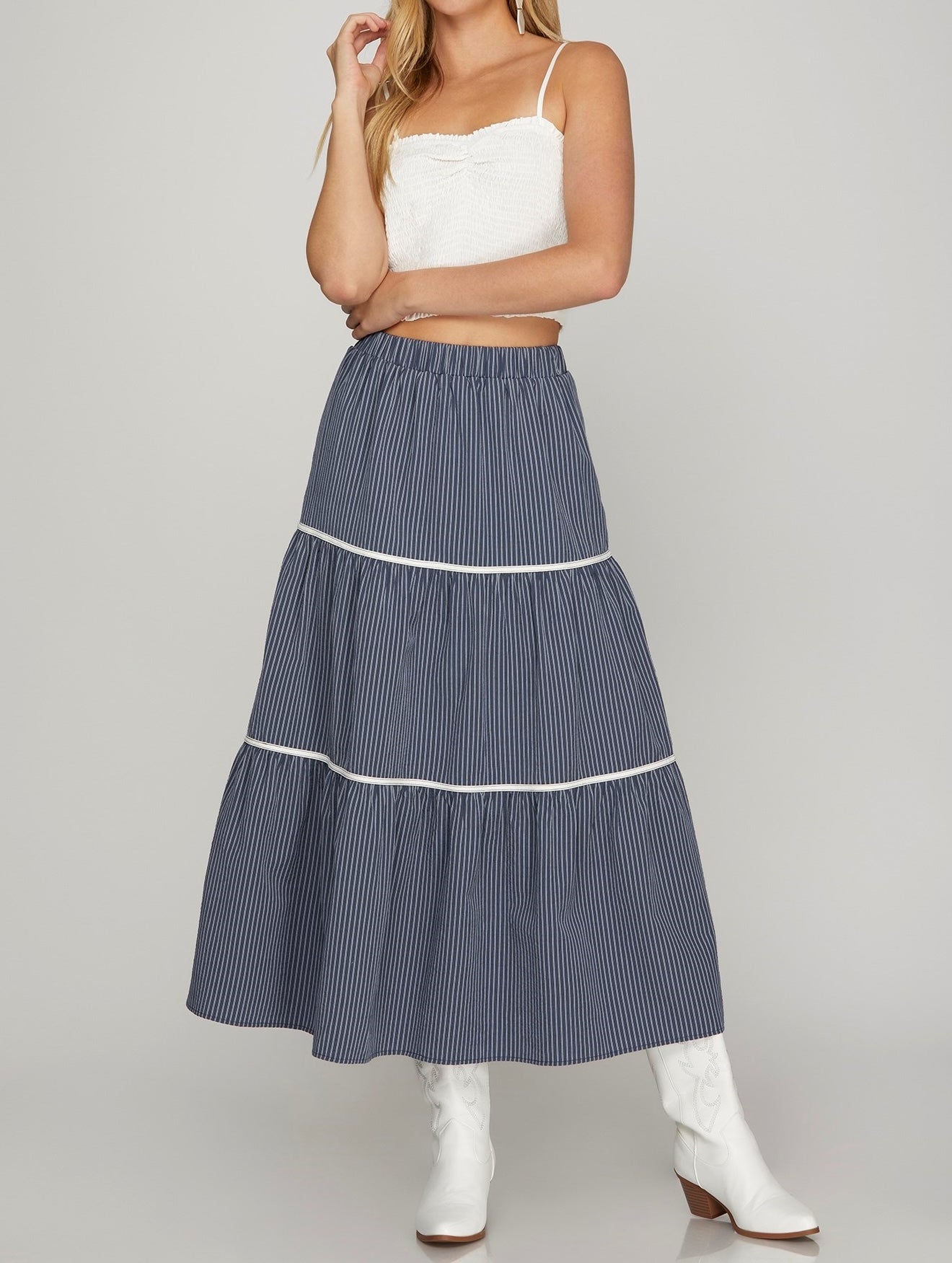 Woven Striped Long Skirt with Pockets