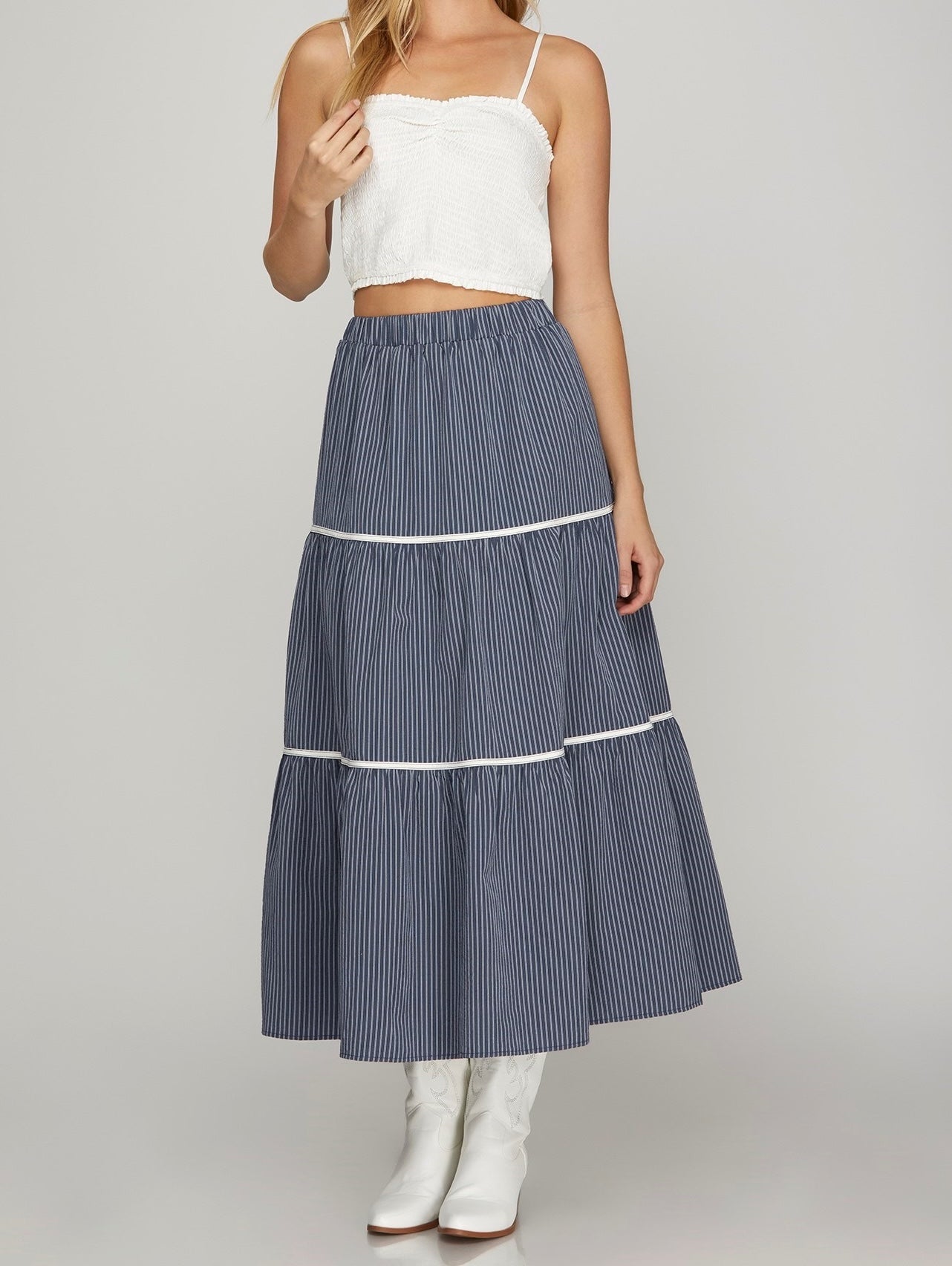 Woven Striped Long Skirt with Pockets