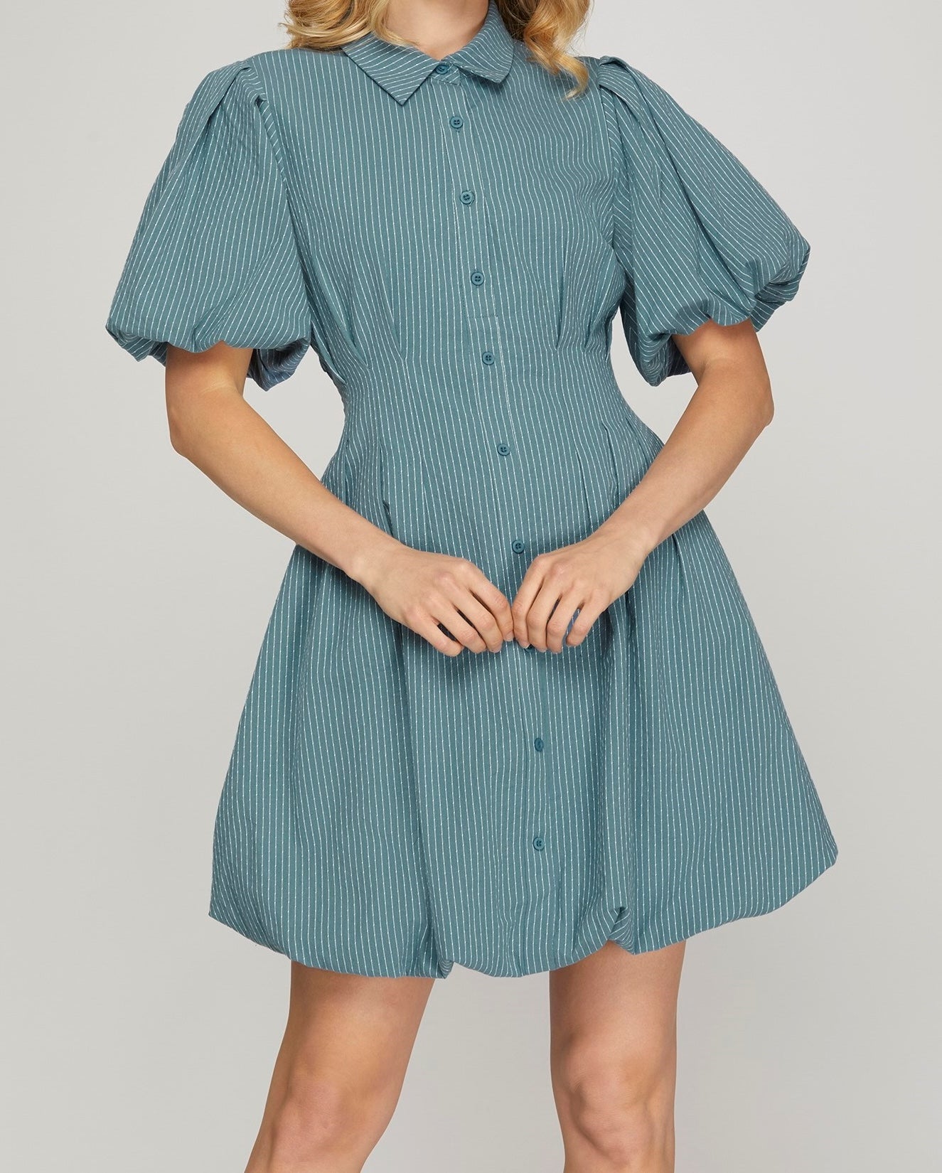 Striped Balloon Mini Dress with Pockets