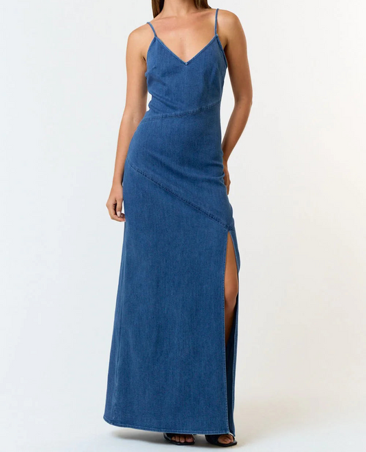 Stretch Denim High Slit Maxi Dress
