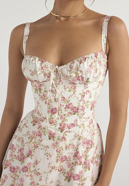 Floral Print Lace Up Corset Dress