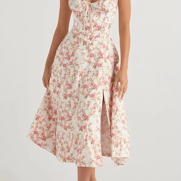 Floral Print Lace Up Corset Dress