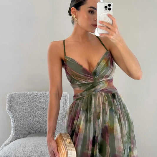 Earthy Mesh Print Long Dress